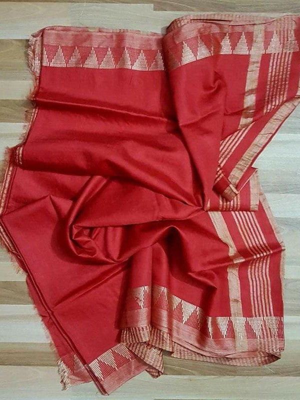 Semi Tussar Silk Handloom Temple Border Bhagalpuri Saree (100180 Deep_Red-Natural)