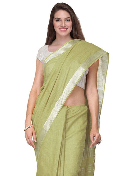 Khaki Green women's Handloom Bhagalpuri Cotton Linen Slub Blend Zari Border Saree Ethnic Wear With Running Unstitched Blouse Piece - View 5