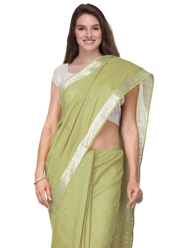Khaki Green women's Handloom Bhagalpuri Cotton Linen Slub Blend Zari Border Saree Ethnic Wear With Running Unstitched Blouse Piece - View 5