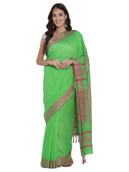 Screamin Green women's Bhagalpuri Handloom Kota Silk Temple Border Saree And Variation Of Colors With Striped Blouse Piece - View 2