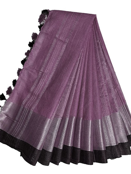 Mounatbatten Pink Bhagalpuri Handloom Linen Slub Blend Saree With Black Contrast Blouse Piece