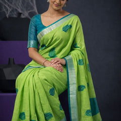 Handwoven Bhagalpuri Linen Blend Embroidered Saree With Contrast Blouse Piece(Parrot Green_Cyan) - View 4