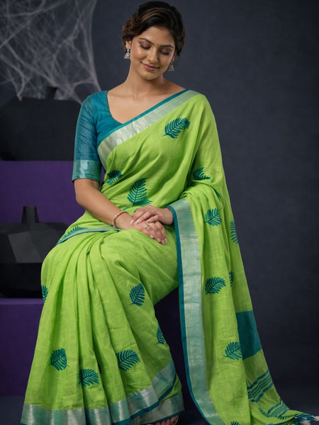 Handwoven Bhagalpuri Linen Blend Embroidered Saree With Contrast Blouse Piece(Parrot Green_Cyan) - View 4