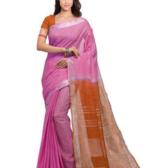 Neon Pink & Mohangni Orange women's Bhagalpuri Handloom Pure Cotton Two Dye Saree With Running Unstitched Blouse Piece - View 2