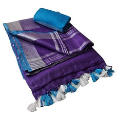 Handloom Bhagalpuri Linen Cotton Blend Contrast Border Saree for Women (12621 French_Purple-Cyan) - View 2