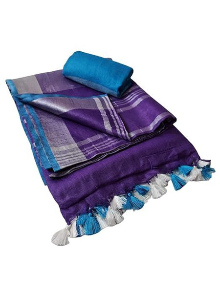 Handloom Bhagalpuri Linen Cotton Blend Contrast Border Saree for Women (12621 French_Purple-Cyan) - View 2