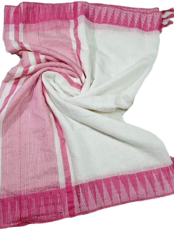 Pink women's Bhagalpuri Kota Viscous Temple Border White Saree And Variable Color Border With Blouse Piece
