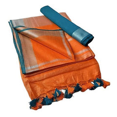 Handloom Bhagalpuri Linen Cotton Blend Contrast Border Saree for Women (12614 Cinnomon_Orange-Cyan)