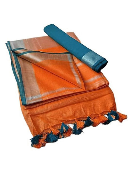 Handloom Bhagalpuri Linen Cotton Blend Contrast Border Saree for Women (12614 Cinnomon_Orange-Cyan)