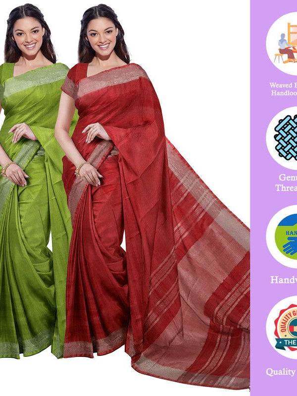 Green & Red women's Bhagalpuri Handloom Cotton-Linen Blend Saree Combo (Pack Of 2) With Running Unstiched Blouse Piece - View 2