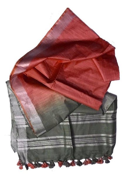 Grey & Bittersweet Orange Bhagalpuri women's Ethnic Wear Handloom Cotton Zari Border Two Dye Saree With Running Unstitched Blouse Piece