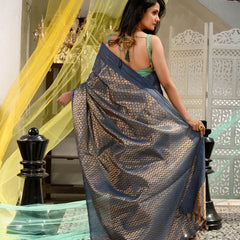 Cotton Tissue Silk Handloom Bhagalpuri Weaving Motif Designer Saree (Gunmetal_Grey) - View 4