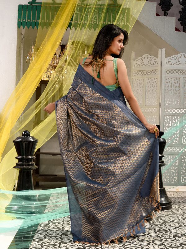 Cotton Tissue Silk Handloom Bhagalpuri Weaving Motif Designer Saree (Gunmetal_Grey) - View 4