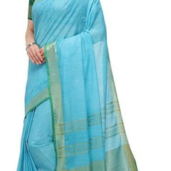 Linen Cotton Blend Contrast Handloom Bhagalpuri Saree for Women (Gold-Cyan-Dark_Green) - View 2