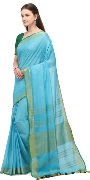 Linen Cotton Blend Contrast Handloom Bhagalpuri Saree for Women (Gold-Cyan-Dark_Green) - View 2