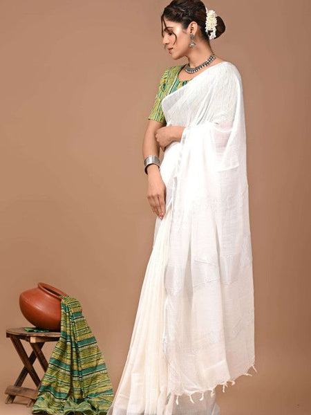 Linen Cotton Blend Handloom Bhagalpuri Saree with Zari Border (12802 White)
