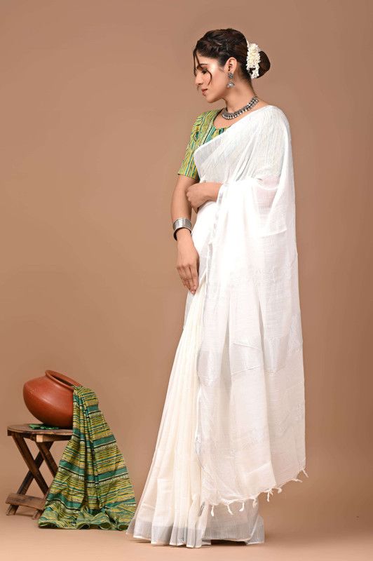 Linen Cotton Blend Handloom Bhagalpuri Saree with Zari Border (12802 White)