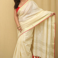 Gold Zari Check Pattern Handloom Bhagalpuri Linen Cotton Blend Saree