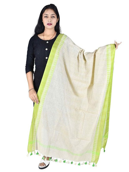 Handloom Bhagalpuri Linen Temple Border Dupatta (Parrot Green) - View 2