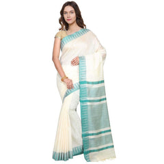 White-Turquoise women's Bhagalpuri Handloom Kota Silk Temple Border Saree And Variation Of Colors With Striped Blouse Piece - View 4