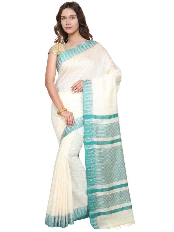 White-Turquoise women's Bhagalpuri Handloom Kota Silk Temple Border Saree And Variation Of Colors With Striped Blouse Piece - View 4
