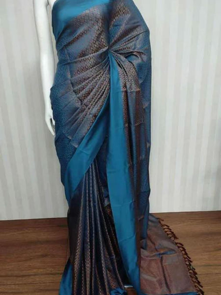 Linen Tissue Silk Handloom Bhagalpuri Designer Saree (Blumy_Blue)