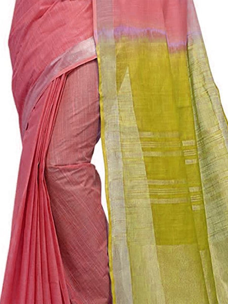 Coral Pink & Pear Green women's Bhagalpuri Handloom Linen Slub Blend Two Dye Saree With Running Unstitched Blouse Piece - View 5