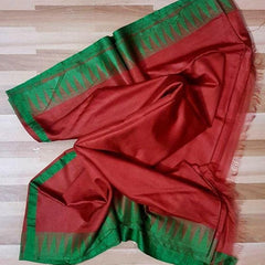 Semi Tussar Silk Handloom Temple Border Bhagalpuri Saree (100189 Maroon_Red-British_Green)