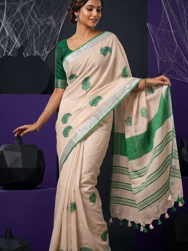 Handwoven Bhagalpuri Linen Blend Embroidered Saree With Contrast Blouse Piece(Beige _Bottle Green)