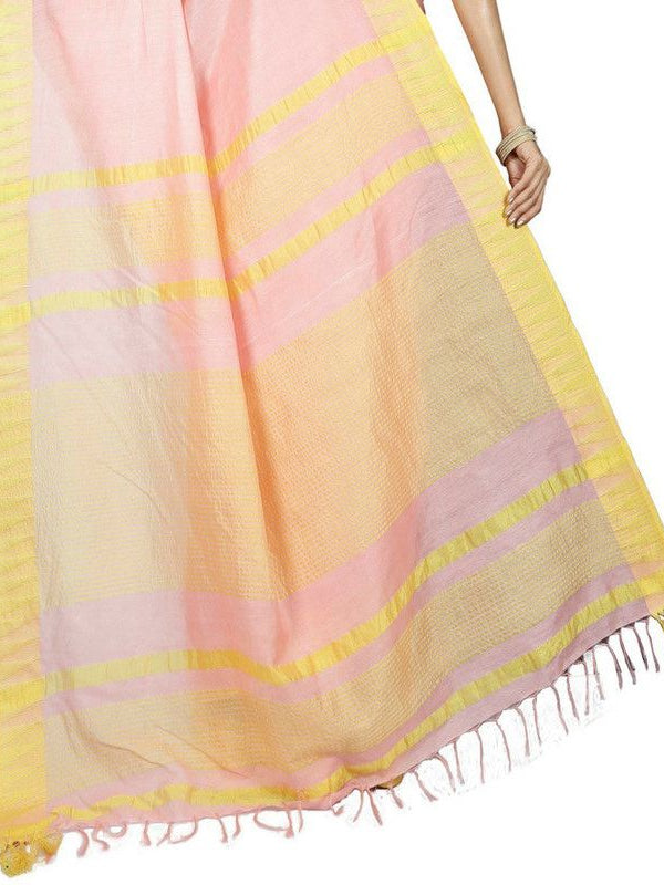 Tea Rose Pink women's Bhagalpuri Handloom Kota Silk Temple Border Saree And Variation Of Colors With Striped Blouse Piece - View 3