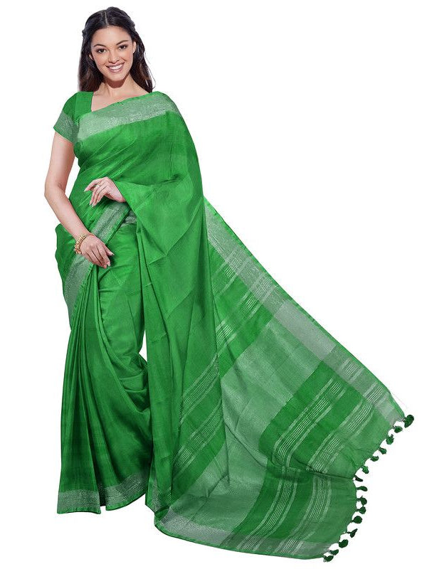 Moss Green & Pigment Green women's Bhagalpuri Handloom Cotton-Linen Blend Saree Combo (Pack Of 2) With Running Unstiched Blouse Piece - View 6