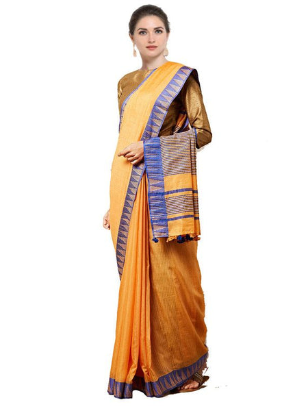 Web Orange women's Bhagalpuri Handloom Kota Silk Temple Border Saree And Variation Of Colors With Striped Blouse Piece