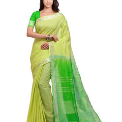 Lime Green & Kelly Green women's Bhagalpuri Handloom Linen Cotton Blend Two Dye Saree With Running Unstitched Blouse Piece - View 2