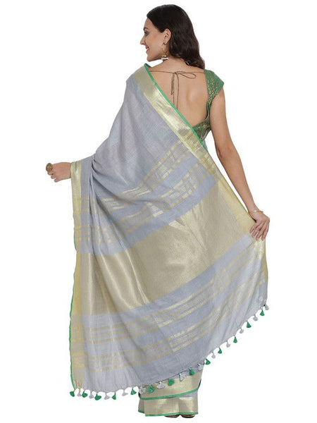 Vista Grey women's Bhagalpuri Handloom Cotton Linen Blend Saree With Contrast Unstiched Blouse Piece - View 4