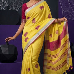 Handwoven Bhagalpuri Linen Blend Embroidered Saree With Contrast Blouse Piece(Yellow_Pink)