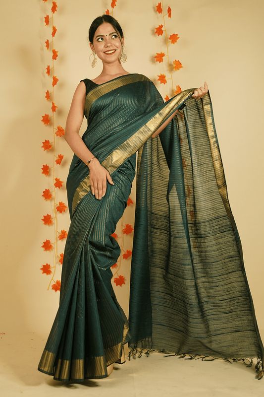 Sequins Handloom Silk Bhagalpuri British Green Striped Saree - View 3