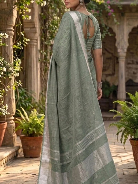 Bhagalpuri Handwoven Cotton-Linen Blend Saree With Running Blouse Piece(Sage Green) - View 4