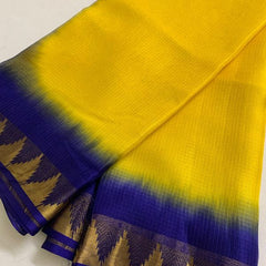 Organza Net Doriya Silk Two Dye Bhagalpuri Temple Border Saree (Canary Yellow & Dark_Blue) - View 4