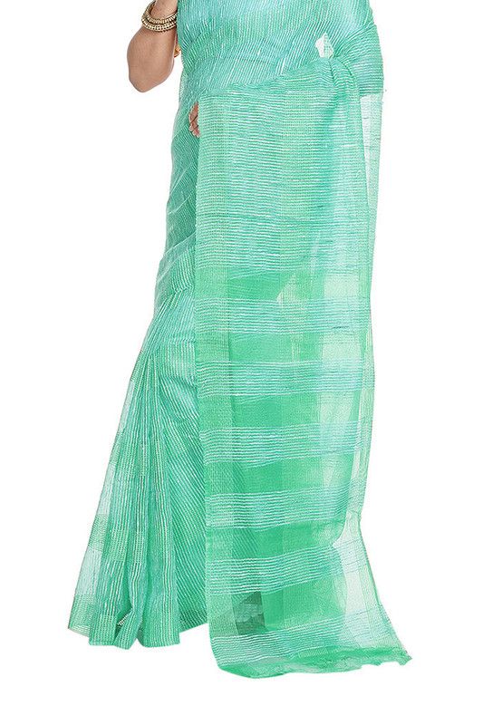 Aquamarine Turquoise women's Bhagalpuri Kota Doria Silk Semi Transparent Saree With Unstiched Blouse Piece - View 3