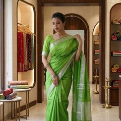 Bhagalpuri Handwoven Cotton-linen Blend Saree With Running Blouse Piece(Parrot Green) - View 4