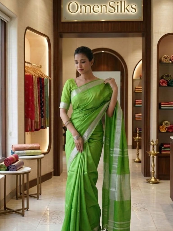 Bhagalpuri Handwoven Cotton-linen Blend Saree With Running Blouse Piece(Parrot Green) - View 4