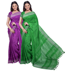 Electric Purple & Pigment Green women's Bhagalpuri Handloom Cotton-Linen Blend Saree Combo (Pack Of 2) With Running Unstiched Blouse Piece