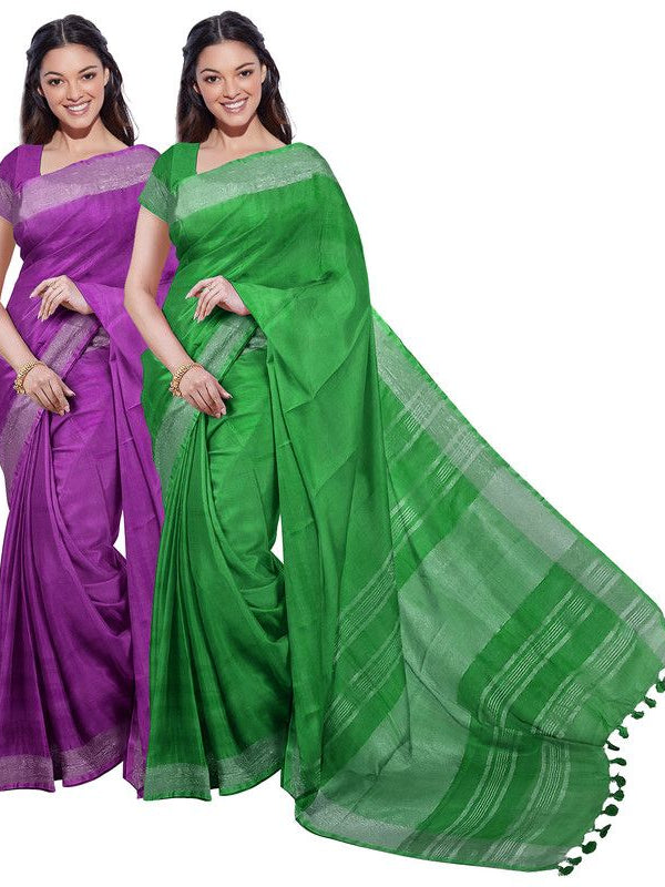 Electric Purple & Pigment Green women's Bhagalpuri Handloom Cotton-Linen Blend Saree Combo (Pack Of 2) With Running Unstiched Blouse Piece