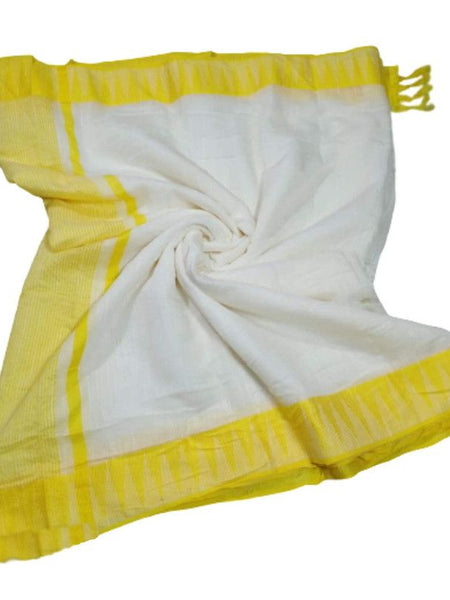 White-Yellow women's Bhagalpuri Handloom Kota Silk Temple Border Saree And Variation Of Colors With Striped Blouse Piece