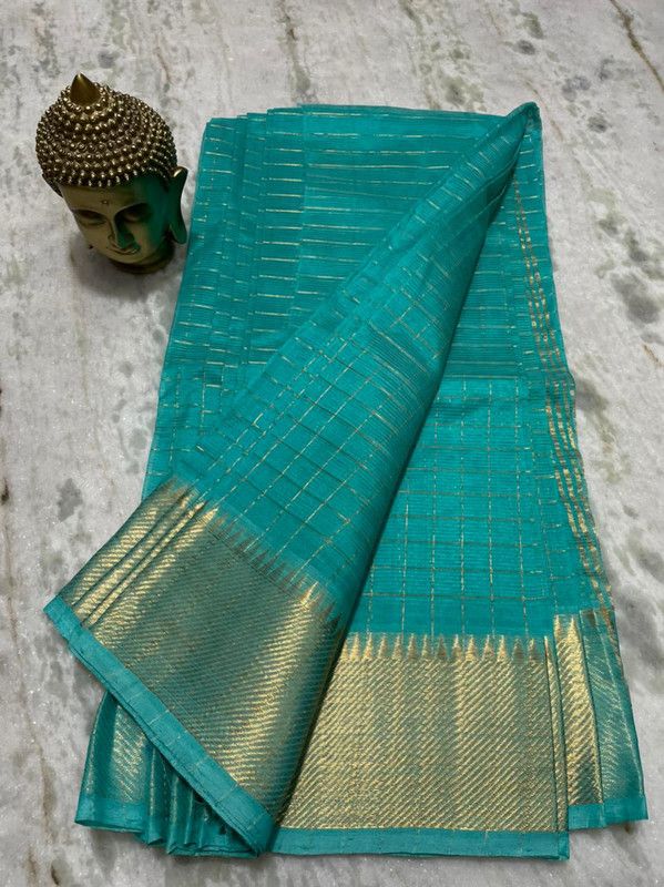 Cotton Silk Handloom Bhagalpuri Wide Border Check Saree (Gold-Turquoise)