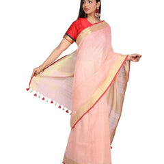 Linen Cotton Blend Contrast Handloom Bhagalpuri Saree for Women (Gold-Ecru_Pink-Red) - View 2