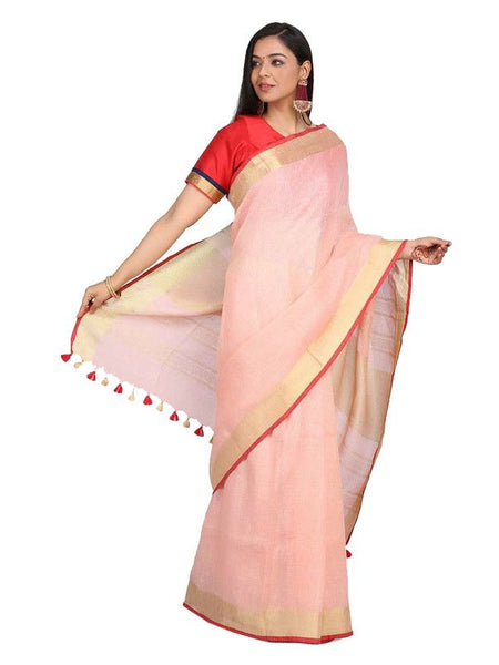 Linen Cotton Blend Contrast Handloom Bhagalpuri Saree for Women (Gold-Ecru_Pink-Red) - View 2