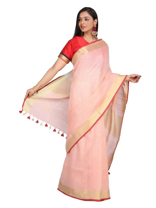 Linen Cotton Blend Contrast Handloom Bhagalpuri Saree for Women (Gold-Ecru_Pink-Red) - View 2