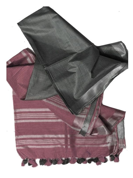 Grey & Cordovan Brown Bhagalpuri women's Ethnic Wear Handloom Cotton Zari Border Two Dye Saree With Running Unstitched Blouse Piece - View 2