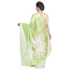 Red & Light Green women's Bhagalpuri Handloom Cotton Linen Slub Blend Tie Two Dye (Sibory Two Dye) Saree With Running Unstitched Blouse Piece - View 4